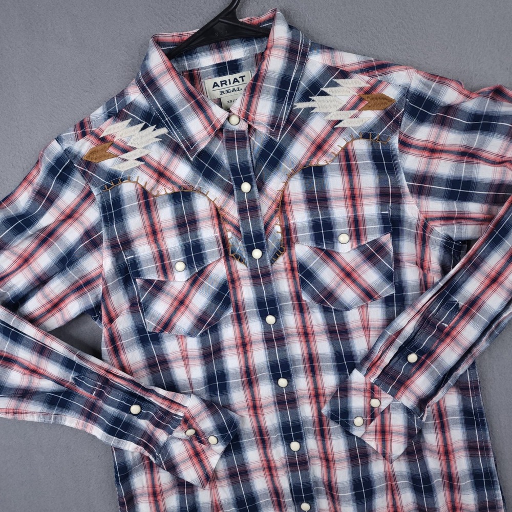 Ariat ReAL Dynamic Womens XS Plaid Western Pearl Snap Shirt Aztec